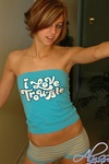 Alyssa takes off her I Love Trouble shirt so she can cause some